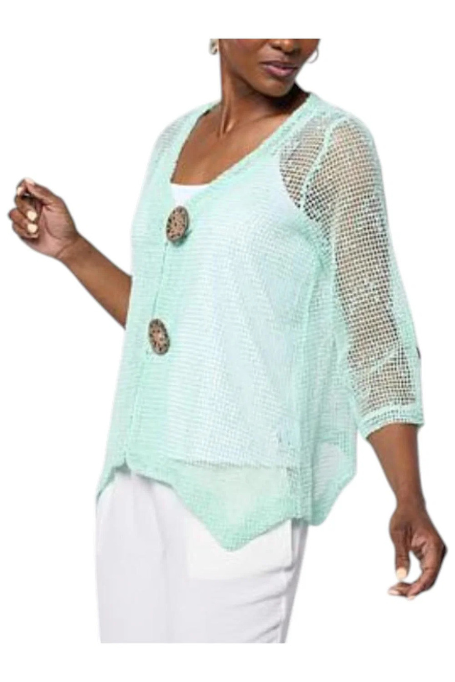 Nina Leonard Women's 3/4-Sleeve Bolero Top with Coconut Buttons Mint - Regular